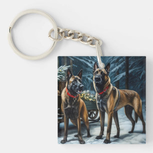 Belgische Malinoi Sneeuwslee Kerstdecoratie Sleutelhanger