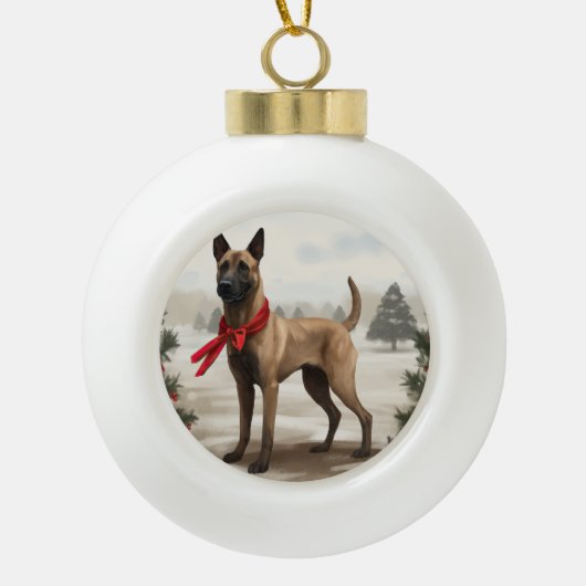 Belgische Malinois Hond in Sneeuw Kerstmis Keramische Bal Ornament (Voorkant)