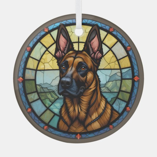 Belgische Malinois-illustratie in glas-in-loodstij Glas Ornament (Voorkant)