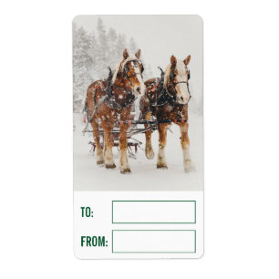 Belgische paardenploeg winterkerstscène etiket