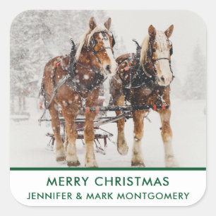 Belgische paardenploeg winterkerstscène vierkante sticker