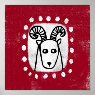 Bélier Mouton Drôle Sur Poster Rouge Mur Art