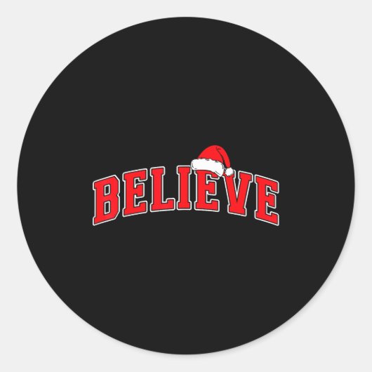 Believe Christmas Varsity Text With Santa Hat Fami Ronde Sticker (Voorkant)