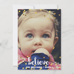 BELIEVE Faux Gold Foil Confetti Holiday Photo Feestdagenkaart