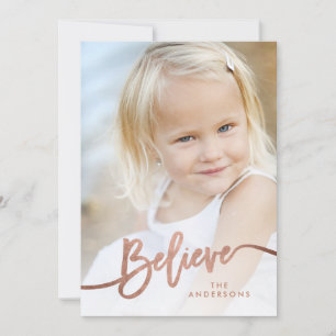 Believe Hand Lettered Roos Gold Holiday Foto Feestdagenkaart
