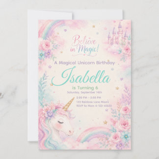 Believe In Magic Unicorn Invitation Editable Kaart