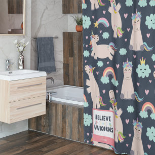 Believe in Unicorns Blue and Pink Girl Pattern Kid Douchegordijn