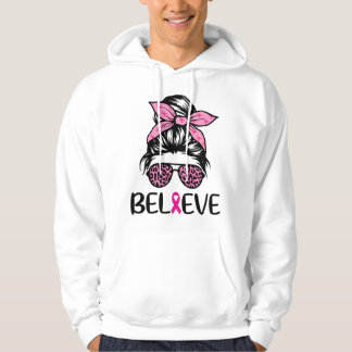 Believe Messy Bun Leopard Ribbon Breast Cancer Awa Hoodie