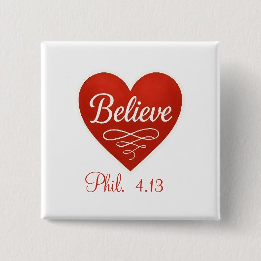 Believe red and white heart vierkante button 5,1 cm (Voorkant)