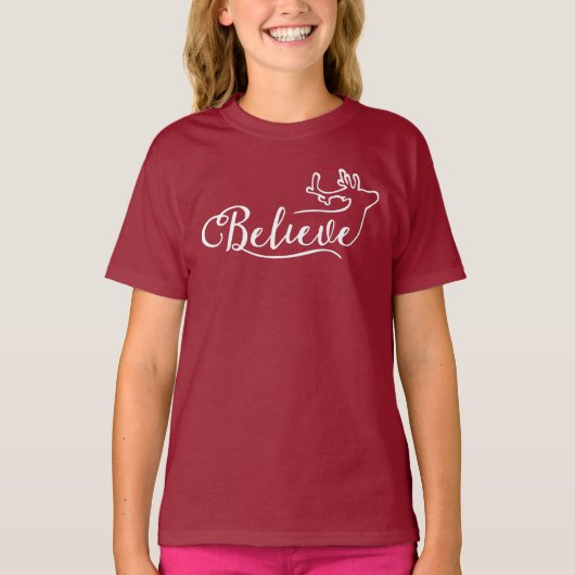 Believe Reindeer Script Shirt – Minimal Christmas  (Voorkant)