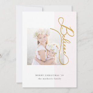 Believe Typography with Photo and Blush Stripe Feestdagenkaart