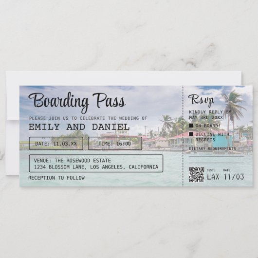 Belize Bestemming Boarding Pass Bruiloft Kaart (Voorkant)