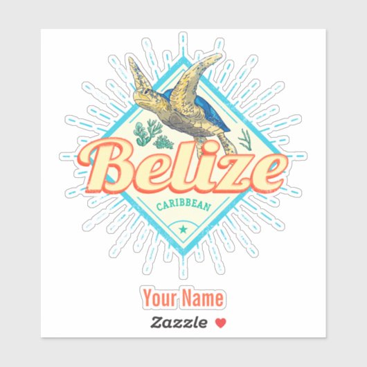 Belize Caribbean Retro Turtle  Souvenir Sticker (Vel)