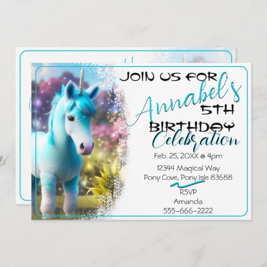 Belle 3D Spirit Unicorn Pony 23 Invitation Anniver (Devant / Derrière)