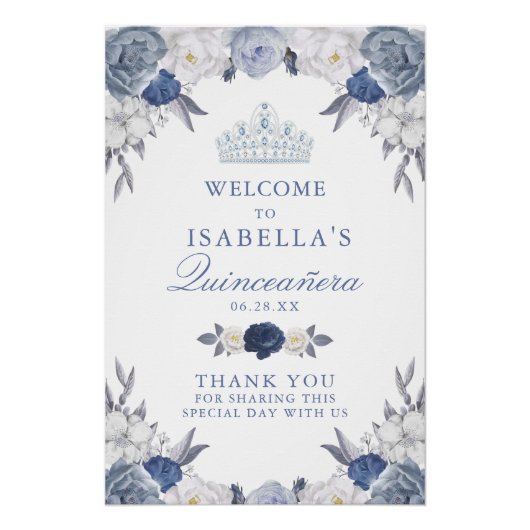 Belle Affiche de bienvenue Florale Bleue Quinceane (Devant)