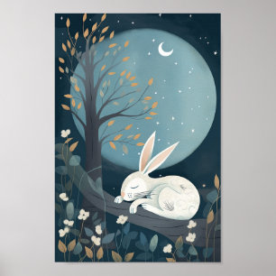 Belle affiche d'un lapin dormant sous la Lune