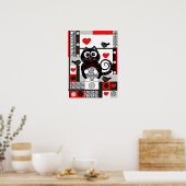 Belle affiche rétro avec chat, oiseaux, coeurs et  (Cuisine)