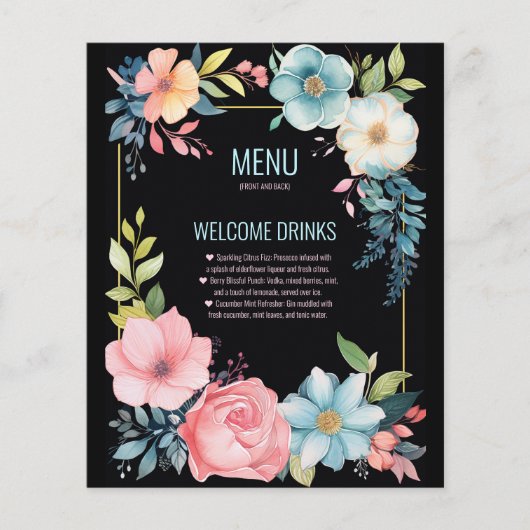 Belle aquarelle colorée Floral Mariage Menu (Devant)
