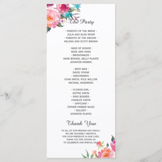 Belle aquarelle Florale Moderne Mariage Programme (Dos)