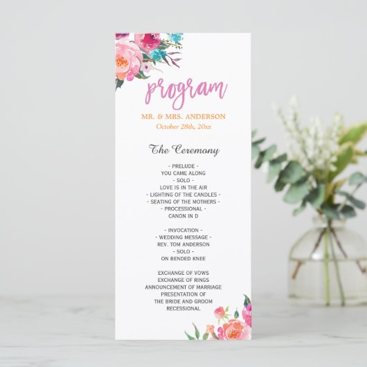 Belle aquarelle Florale Moderne Mariage Programme (Debout devant)