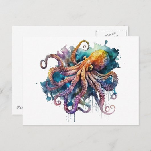 Belle aquarelle Octopus Carte postale (Devant / Derrière)