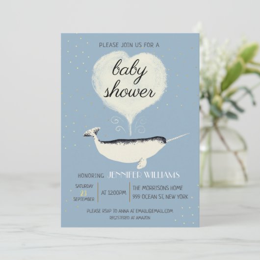 Belle Baleine Narwhal Baby shower Bleu Invitation (Debout devant)