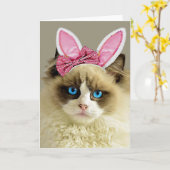 Belle Bleu Eyed Chat Bunny Oreilles Pâques Carte (Fleur jaune)