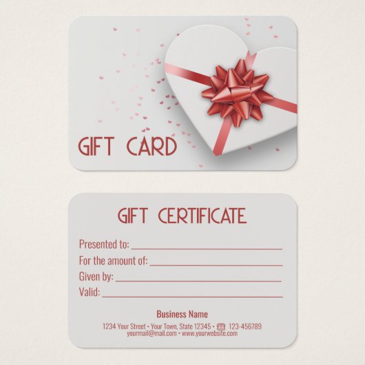 Belle boîte à cadeaux Red Bow White Heart Card (Devant & derrière)