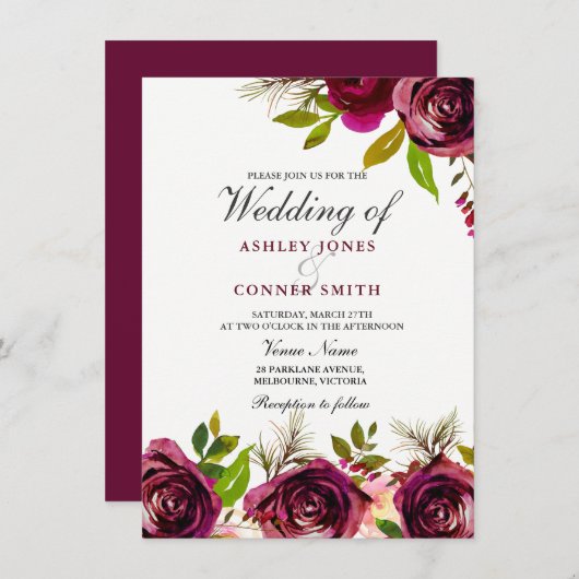 Belle Bourgogne Deep Red Floral Wedding Invitation (Devant / Derrière)