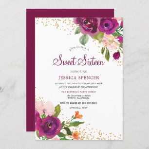 Belle Bourgogne rose Floral Sweet 16 Invitation