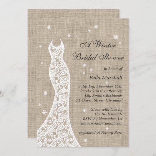 Belle Burlap hiver nuptiale de douche Invitation (Devant / Derrière)