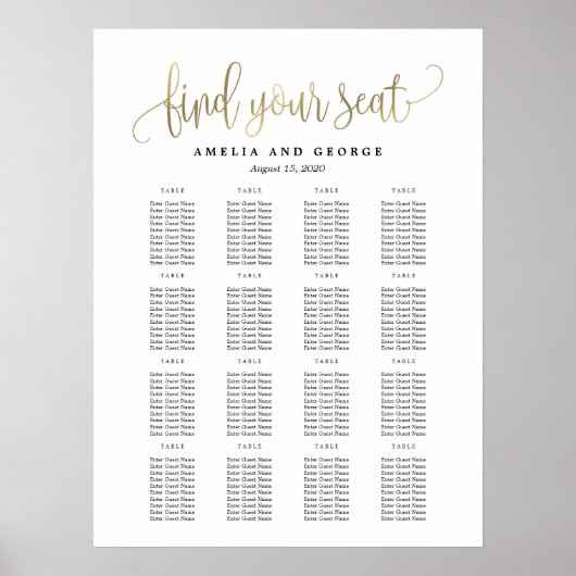 Belle Calligraphie Faux Gold Seing Chart Poster (Devant)