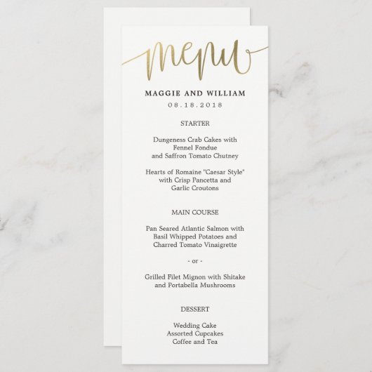 Belle carte de menu de calligraphie Faux Gold (Devant / Derrière)