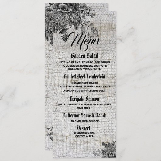 Belle carte de menu Mariage Fleurs noires/grises (Devant / Derrière)