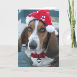 Belle carte de Noël Basset Père Noël