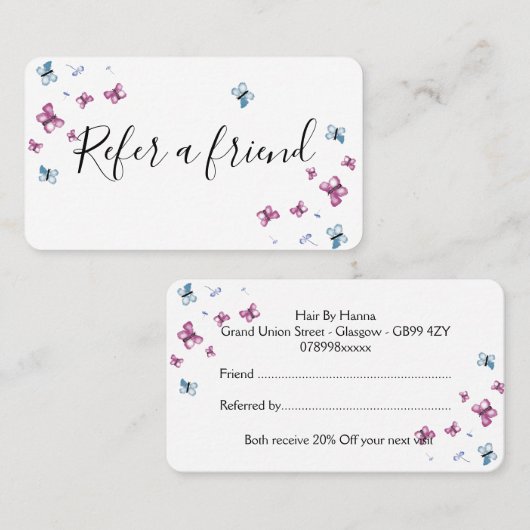 Belle carte de référence pour papillon rose et ble (Devant / Derrière)