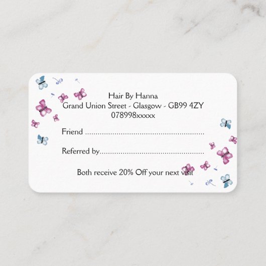 Belle carte de référence pour papillon rose et ble (Dos)