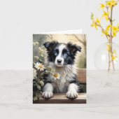 Belle carte de vœux de Border Collie aux fleurs (Fleur jaune)