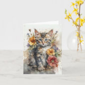 Belle carte de vœux vierge au chat tabby gris (Fleur jaune)
