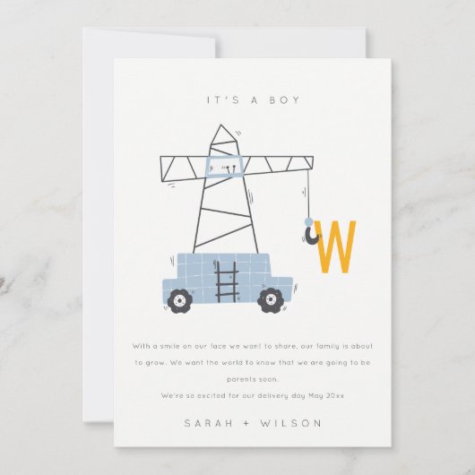 Belle construction grue Faire-part bébé garçon (Devant)