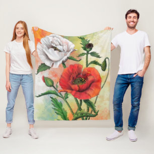 Belle couverture en polaire rouge blanc pavot