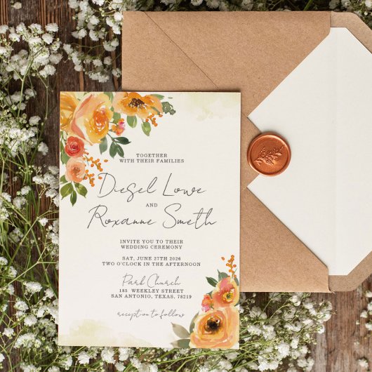 Belle Faire-part de mariage Florale Orange