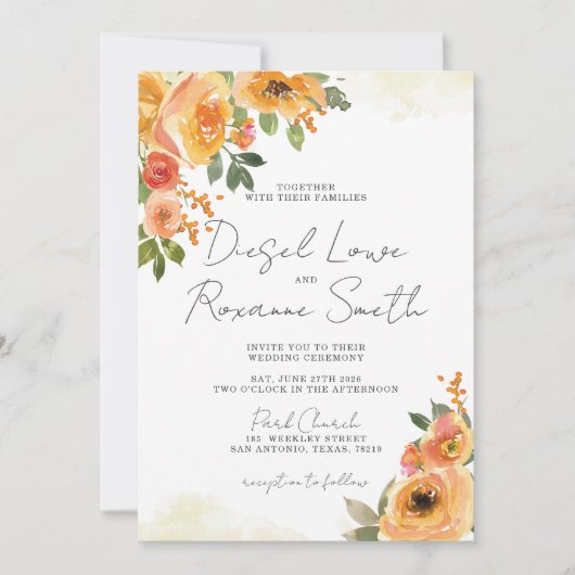 Belle Faire-part de mariage Florale Orange (Devant)