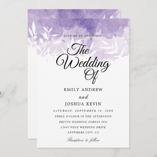 belle faire-part de mariage violet clair (Devant / Derrière)