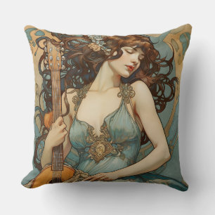Belle Femme Avec Guitare Art Nouveau Coussin