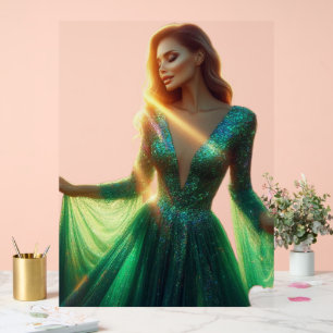 Belle femme en robe verte sur un 18x24