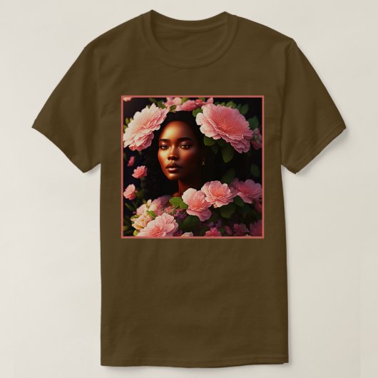 Belle Femme Noire avec Fleurs Roses TShirt (Design devant)