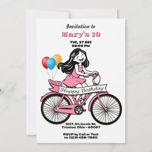 Belle fille à vélo Bonne carte d'anniversaire (Devant)