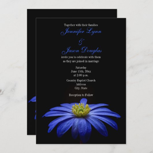 Belle fleur bleue sur les invitations à un mariage (Devant / Derrière)