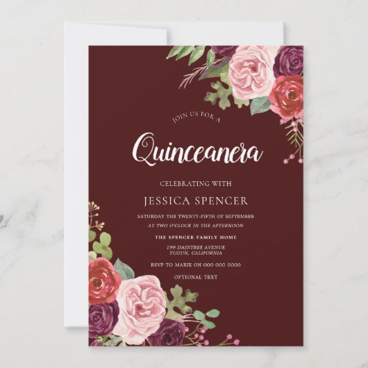 Belle Fleurs Bourgogne Quinceanera Invitation (Devant)